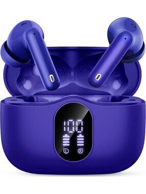 Wireless Dark Blue Bass Stereo Noise Cancelling Mic LED Display Bluetooth Earbud